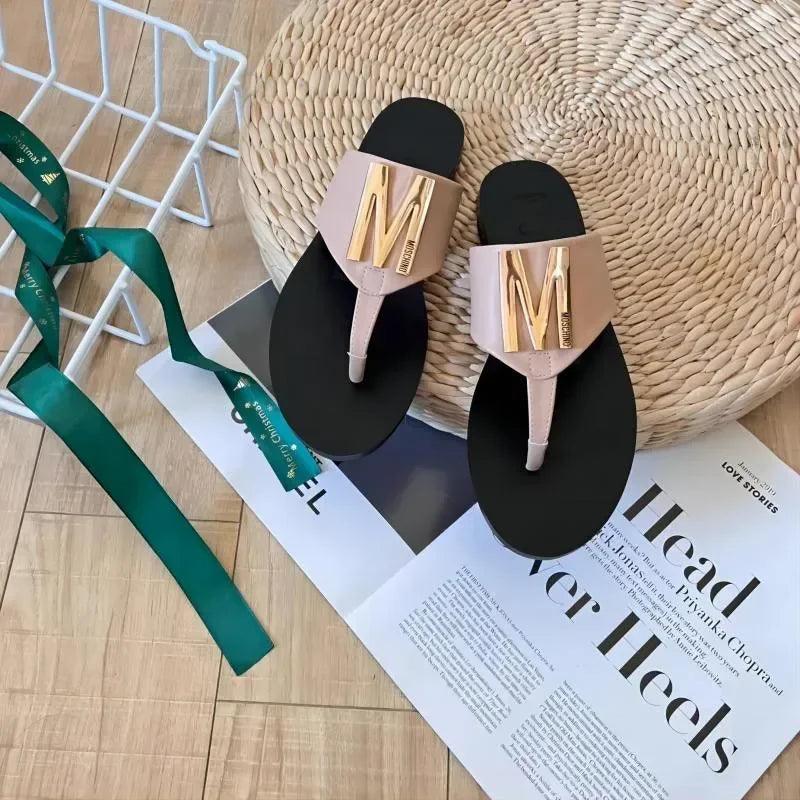 Women's Summer New Leather Slouchy Style Fashion Versatile Casual Flat Comfortable Slippers Women's M Button Thong Slippers - So Real Fashion