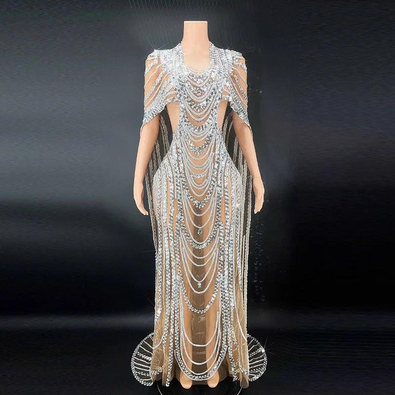 Silver Sequin Women's Elegant Designer Fashion Long Dress - So Real Fashion