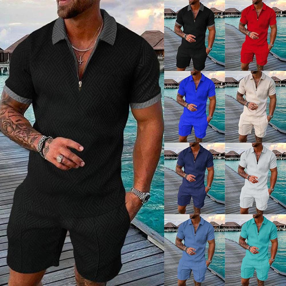 Men's Athletic T-Shirt Set Casual Mesh Lapel Short Sleeve Pullover Tops+Shorts 2-Piece Male Solid Thin Sporty Suits Black Zipper - So Real Fashion