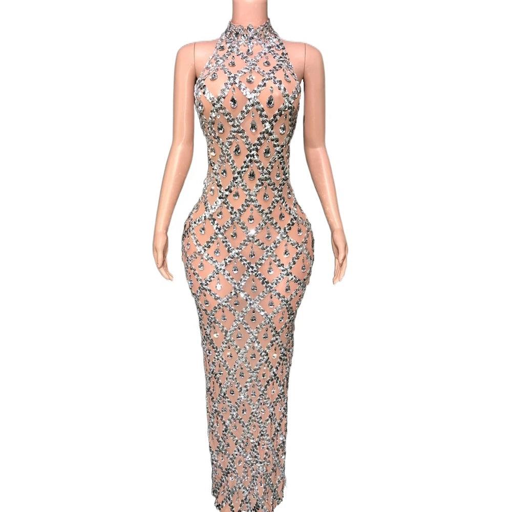 Sexy Mesh Celebrate Evening Wedding Prom Gown Birthday Dress Photograph Wear Sparkly Silver Sequins Rhinestones Sleeveless Dress - So Real Fashion