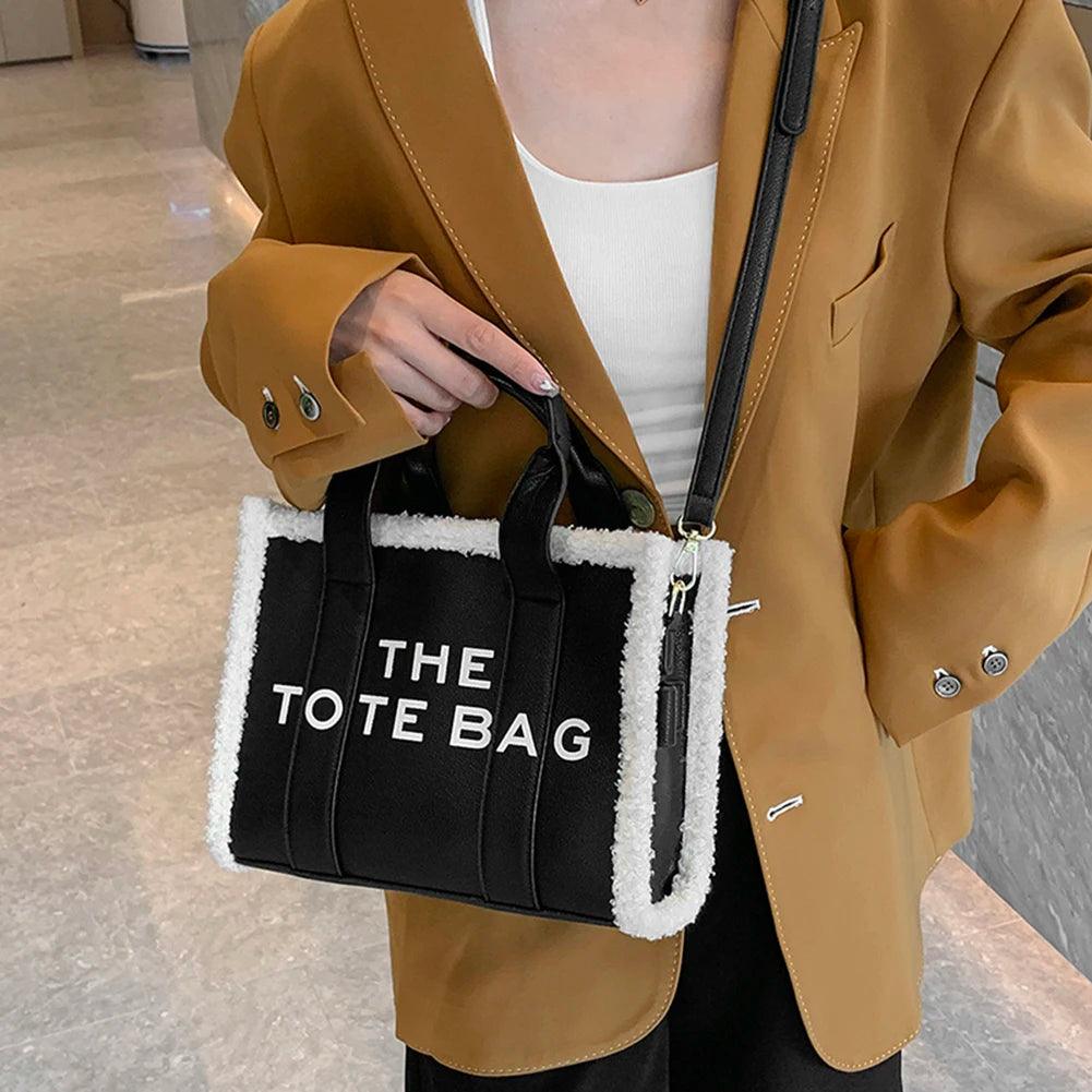 Winter Soft Lamb Wool Stitching Top-Handle Bags PU Leather Fashion Small Crossbody Bags Letter Print Ladies Square The Tote Bags - So Real Fashion