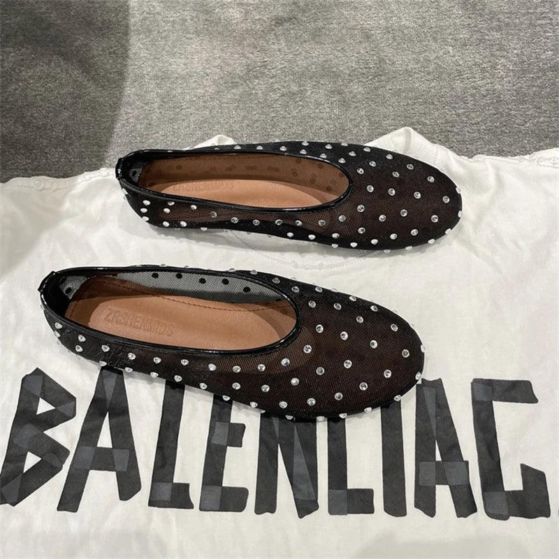 Mesh Breathable Rhinestone Women Shoes Sheepskin Insole Round Toe Ladies Ballet Dancing Shoes Soft Zapatos Mujer 2024 Tendencia - So Real Fashion