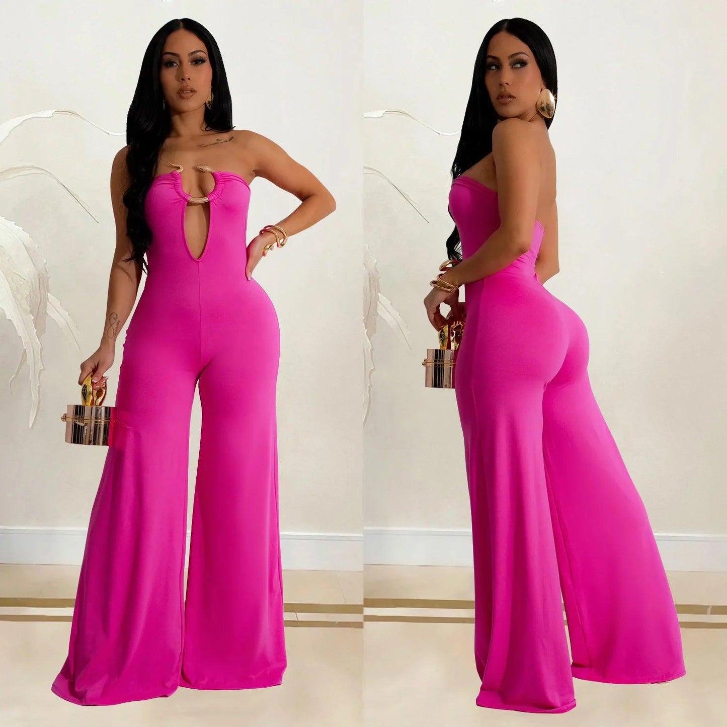 LKF Fashion Party Women's Jumpsuit Solid Color Chest Wrap Off Shoulder Hollow Fit Sexy Wide Leg Long Jumpsuit - So Real Fashion