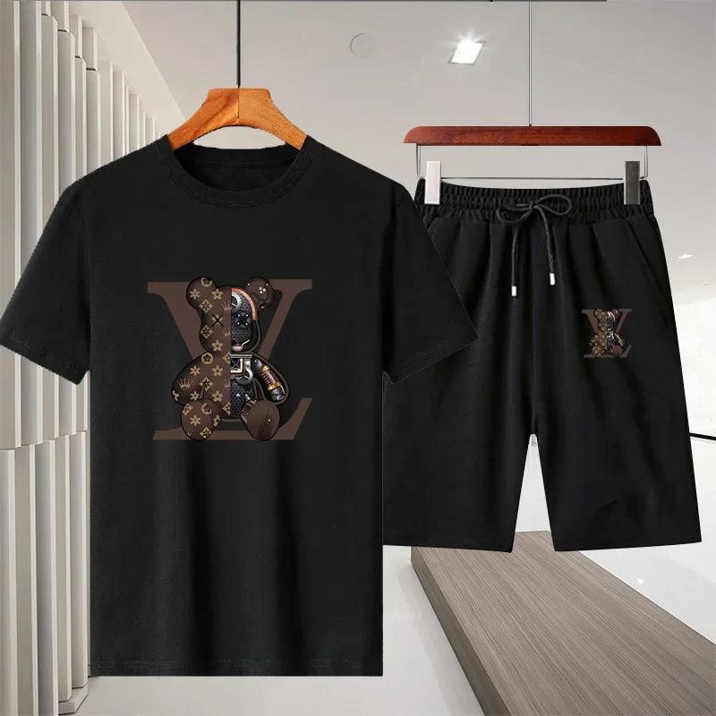 Summer Men's casual luxury T-shirt set Harajuku Y2k short sleeve cotton T-shirt and light casual knit shorts 2 men's sets - So Real Fashion