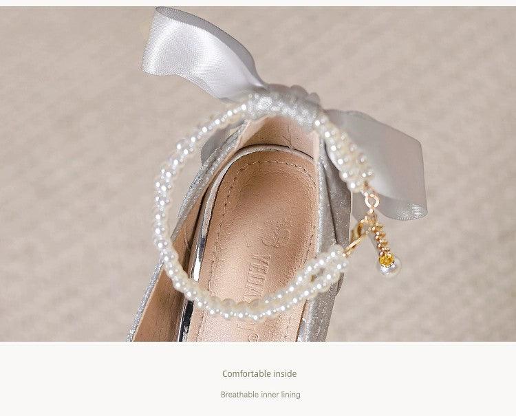 Waterproof Platform Super High Heels Chunky Heel Champagne Bridesmaid Wedding Shoes Short Music Strap Pearl Grace Flats - So Real Fashion