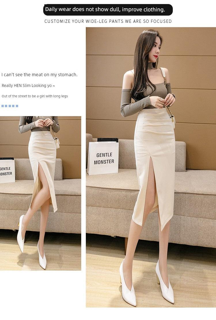 Irregular Slit Mid Length Long Length Spring Pleated Skirt - So Real Fashion