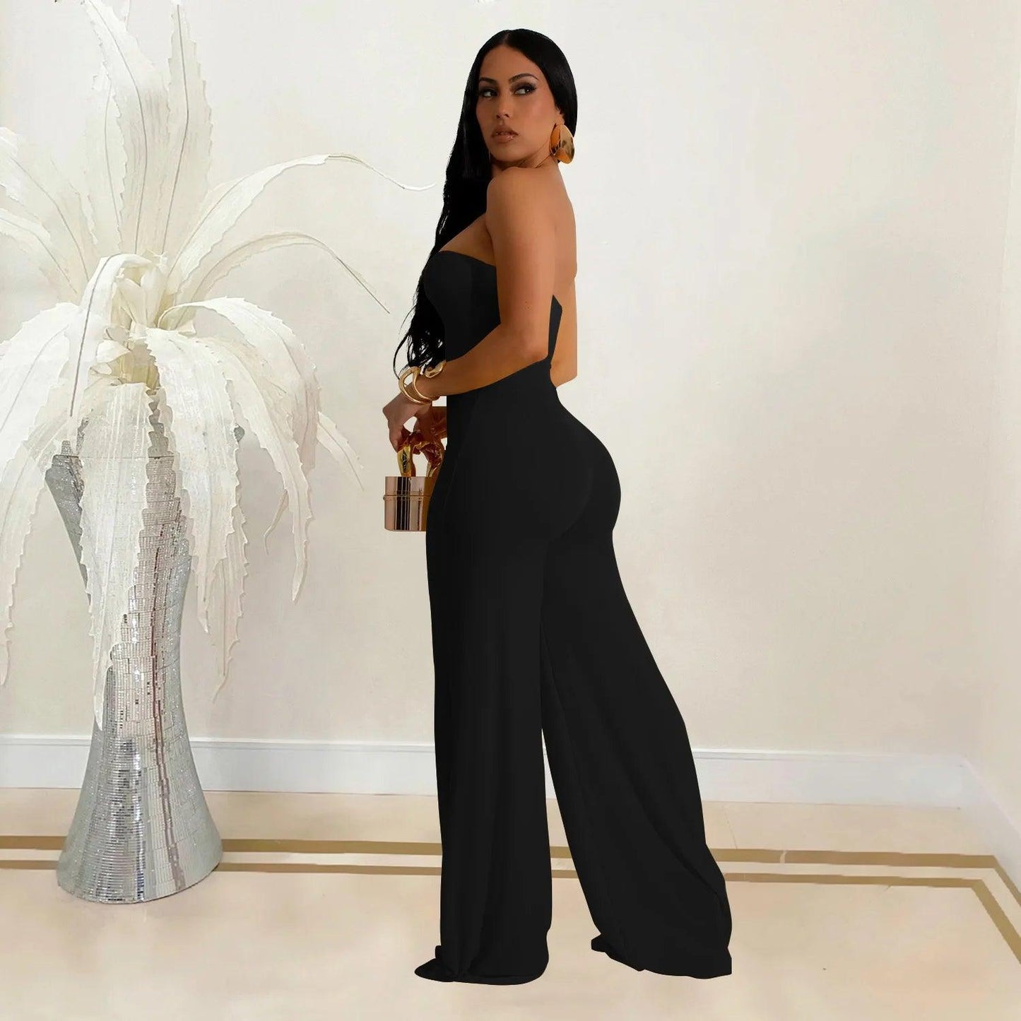 LKF Fashion Party Women's Jumpsuit Solid Color Chest Wrap Off Shoulder Hollow Fit Sexy Wide Leg Long Jumpsuit - So Real Fashion