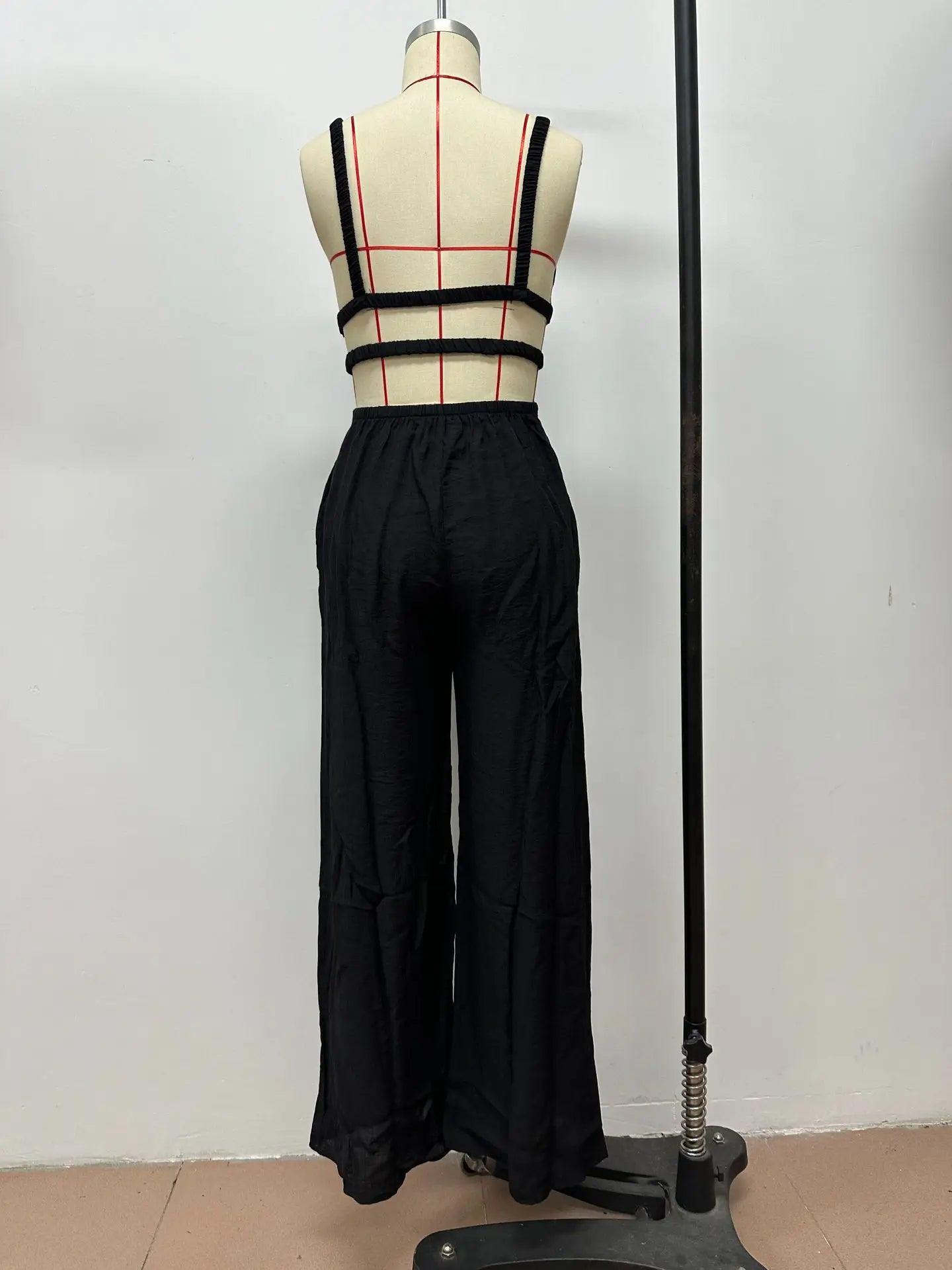 Women Sleeveless Strap V-neck Backless Wide Leg Long Jumpsuits 2025 Summer Beach Night Club Street Sexy Outfit Rompers - So Real Fashion