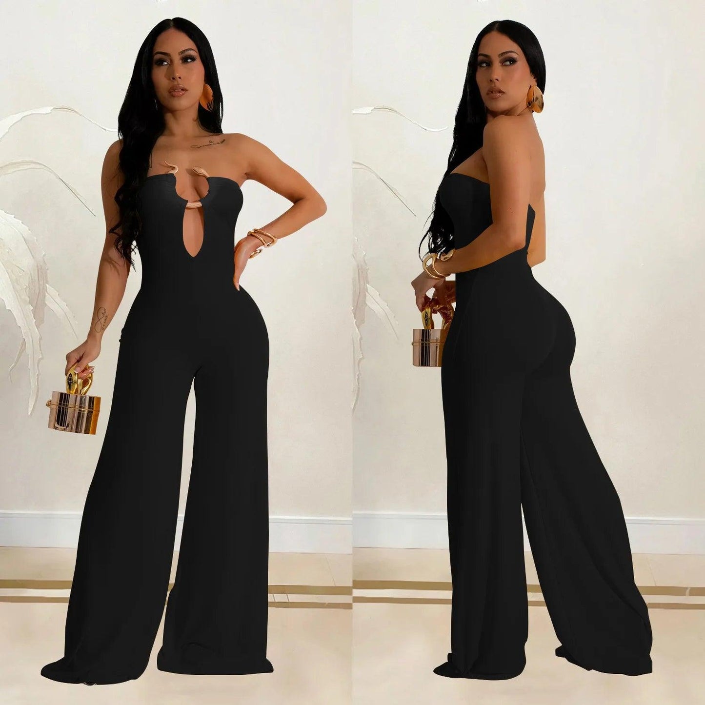 LKF Fashion Party Women's Jumpsuit Solid Color Chest Wrap Off Shoulder Hollow Fit Sexy Wide Leg Long Jumpsuit - So Real Fashion