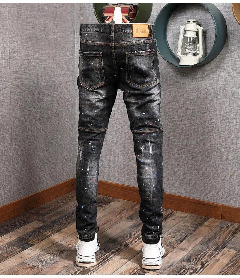 Fashion Streetwear Men Jeans Retro Blue Elastic Slim Fit Ripped Jeans Men Painted Designer Elastic Hip Hop Denim Pencil Pants - So Real Fashion