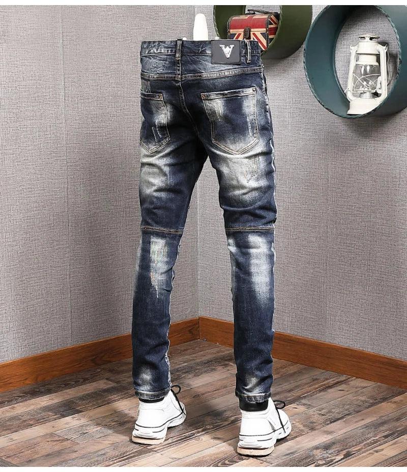 Fashion Streetwear Men Jeans Retro Blue Elastic Slim Fit Ripped Jeans Men Painted Designer Elastic Hip Hop Denim Pencil Pants - So Real Fashion