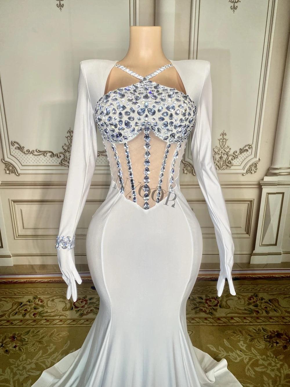 Sparkly Rhinestones White Mermaid Dress with Gloves for Women Elegant Birthday Celebrate Wedding Evening Prom Dresses - So Real Fashion