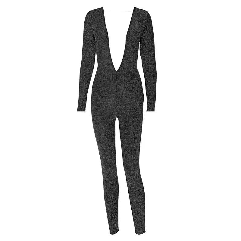 Sexy Deep V Neck Backless Skinny Jumpsuit Women New Bodycon Streetwear Party Club Elegant Shine Jumpsuits Outfits - So Real Fashion