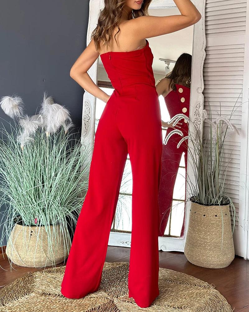 Asymmetrical Bandeau Strapless Jumpsuit Metal Button Decor Casual Overalls - So Real Fashion