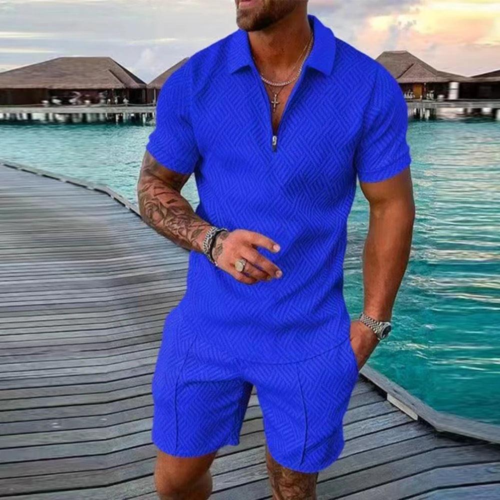 Men's Athletic T-Shirt Set Casual Mesh Lapel Short Sleeve Pullover Tops+Shorts 2-Piece Male Solid Thin Sporty Suits Black Zipper - So Real Fashion