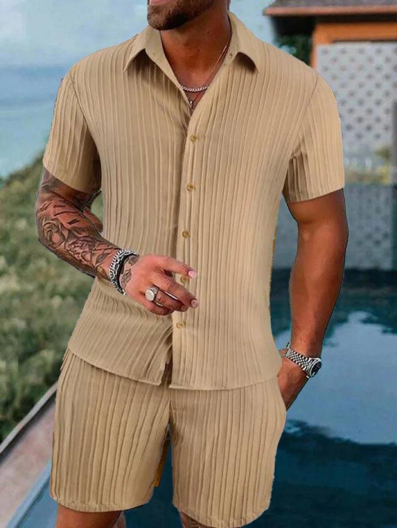 Men's beach suit striped solid color short sleeve shorts shirt Sports casual breathable lightweight high quality men's wear ins - So Real Fashion