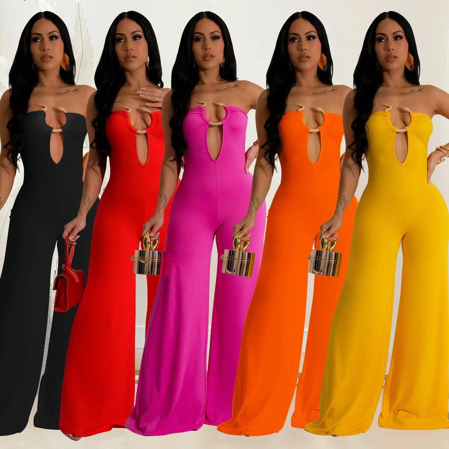 LKF Fashion Party Women's Jumpsuit Solid Color Chest Wrap Off Shoulder Hollow Fit Sexy Wide Leg Long Jumpsuit - So Real Fashion