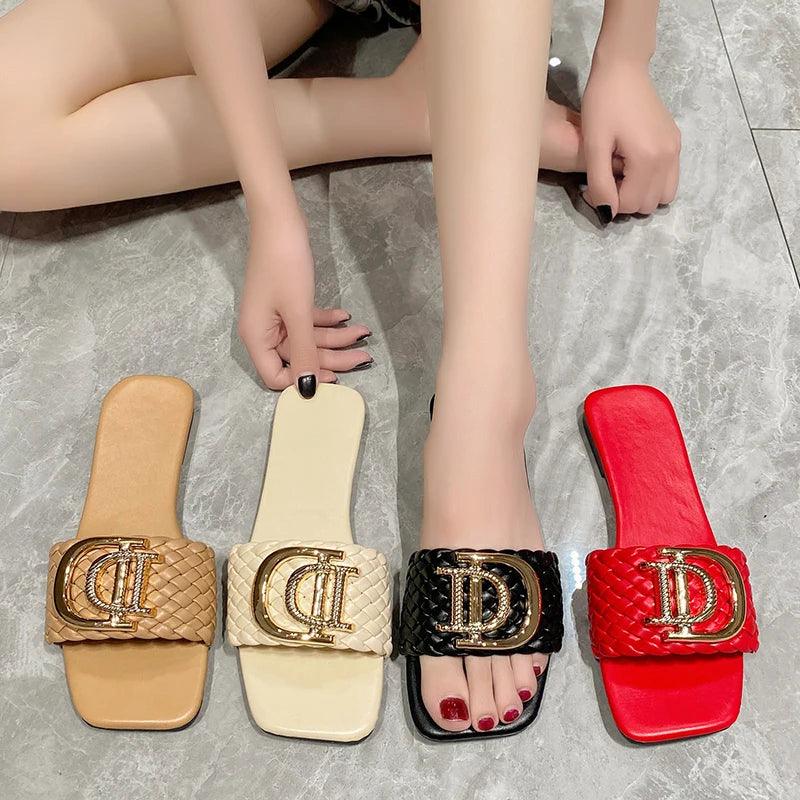 Women Slippers Luxury Decor Weave Designer Flat Sandals Fashion Open-toe Vacation Slides Women Party Sexy Elegant Slippers Women - So Real Fashion