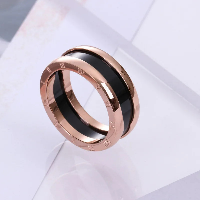 Roman Numeral Ring for Women Men Black Ceramics 18KGP Rose Gold Silver Color Stainless Steel Charm Jewelry (R010)