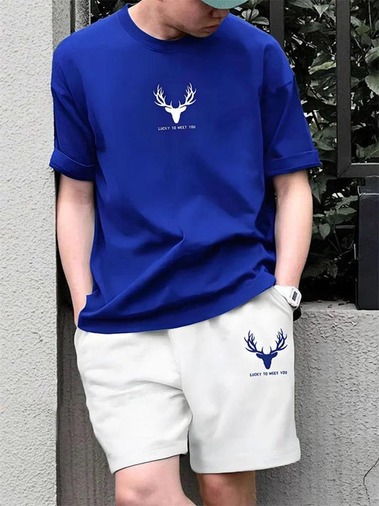 Two Piece Set Antler Print Men's Short Sleeve Shorts Set Summer Everyday Fashion Men's T-shirt Outdoor Casual Men's Beach Shorts - So Real Fashion