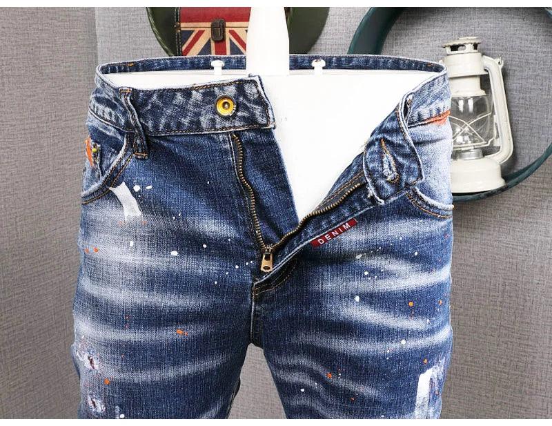 Fashion Streetwear Men Jeans Retro Blue Elastic Slim Fit Ripped Jeans Men Painted Designer Elastic Hip Hop Denim Pencil Pants - So Real Fashion