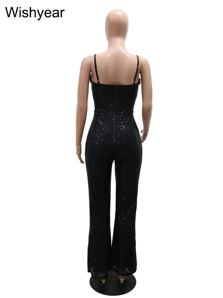 New Elegant Sexy Sequin Feather Patchwork Spaghetti Strap Jumpsuits Women Sleeveless Backless Straight Birthday Rompers Overalls - So Real Fashion