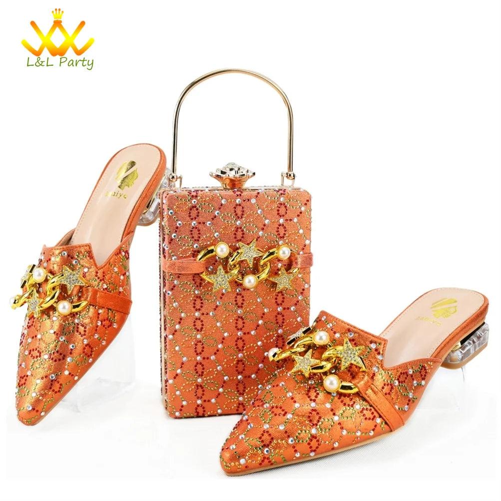 Low Heels Comfortable Sweet Style Italian Design Shoes Matching Bag Set in Orange Color High Quality with Crystal for Dress - So Real Fashion