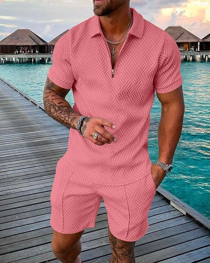 Men's Athletic T-Shirt Set Casual Mesh Lapel Short Sleeve Pullover Tops+Shorts 2-Piece Male Solid Thin Sporty Suits Black Zipper - So Real Fashion