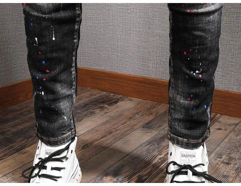 Fashion Streetwear Men Jeans Retro Blue Elastic Slim Fit Ripped Jeans Men Painted Designer Elastic Hip Hop Denim Pencil Pants - So Real Fashion