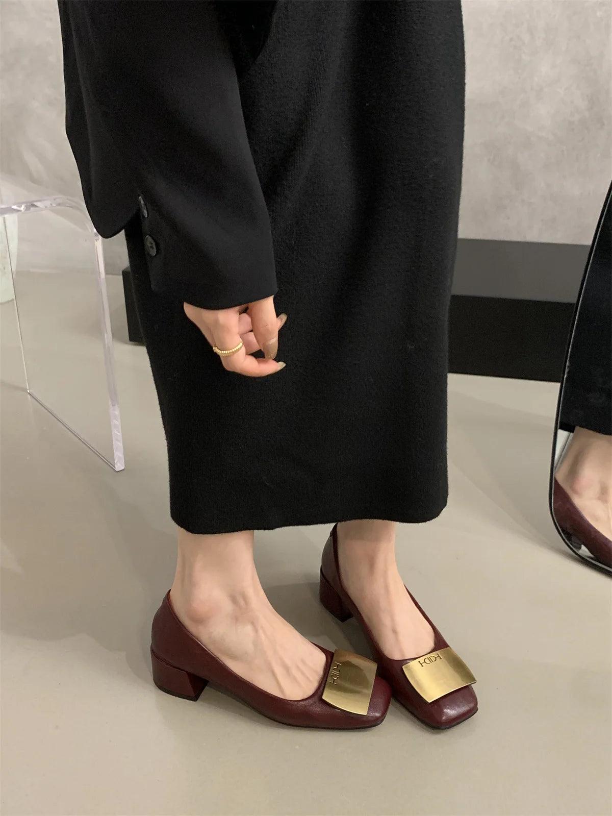 Metal Buckle Elegant Mid Heel Shoes Street Style Women's Chunky Heels Pumps Shoes Spring Retro Autumn Shoes for Women Fashion - So Real Fashion