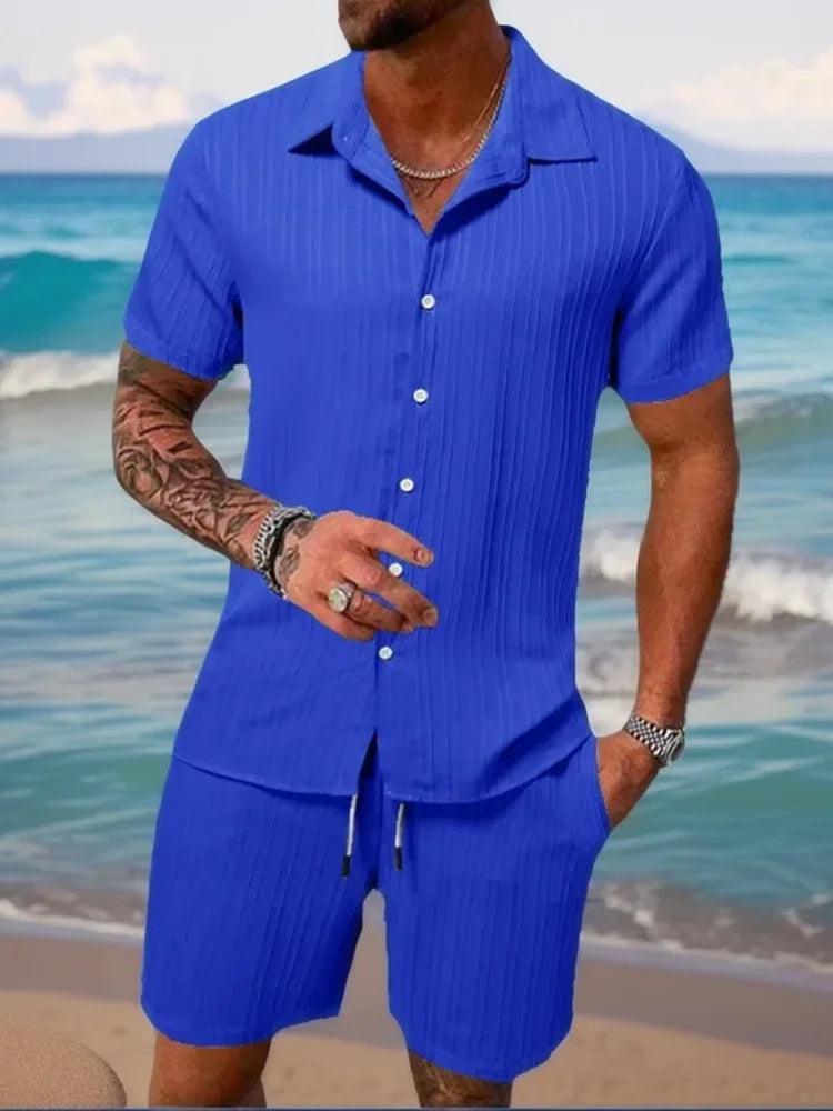 Men's beach suit striped solid color short sleeve shorts shirt Sports casual breathable lightweight high quality men's wear ins - So Real Fashion