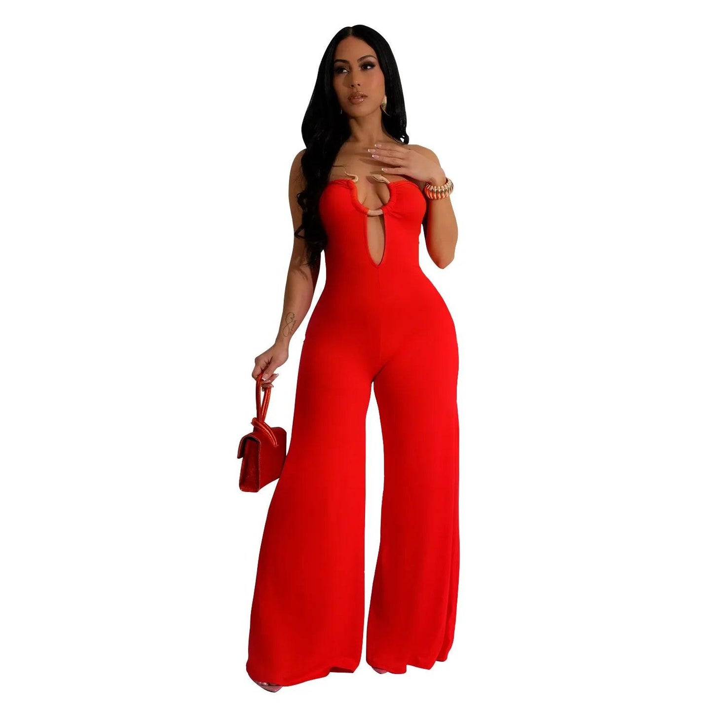 LKF Fashion Party Women's Jumpsuit Solid Color Chest Wrap Off Shoulder Hollow Fit Sexy Wide Leg Long Jumpsuit - So Real Fashion