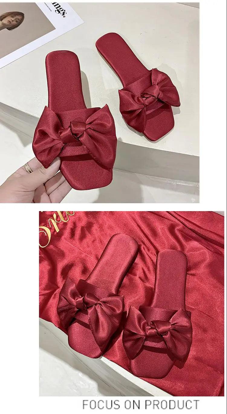 Luxury Women Peep Toe Bedroom Home Sandals Satin Bride Bridesmaid Wedding Shoes New Wedding Slippers With Silk Big Bow - So Real Fashion