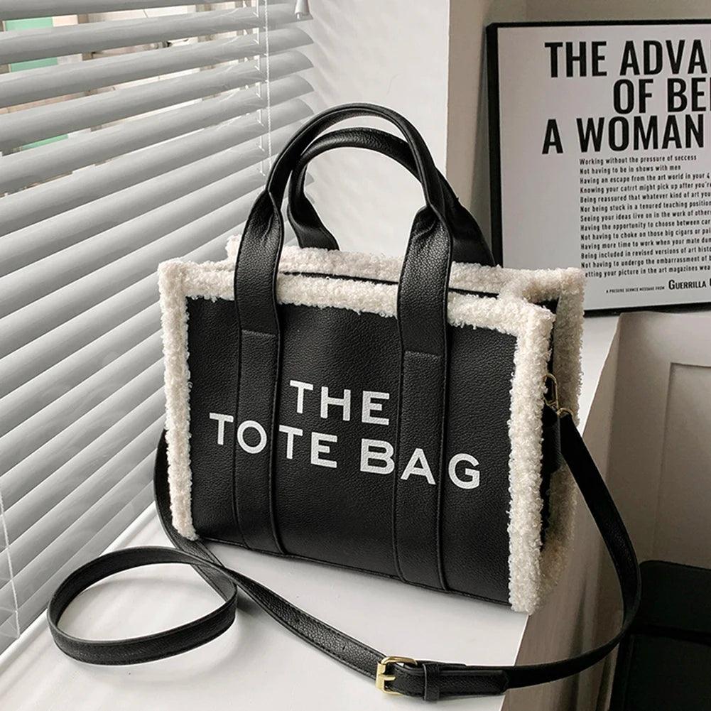 Winter Soft Lamb Wool Stitching Top-Handle Bags PU Leather Fashion Small Crossbody Bags Letter Print Ladies Square The Tote Bags - So Real Fashion