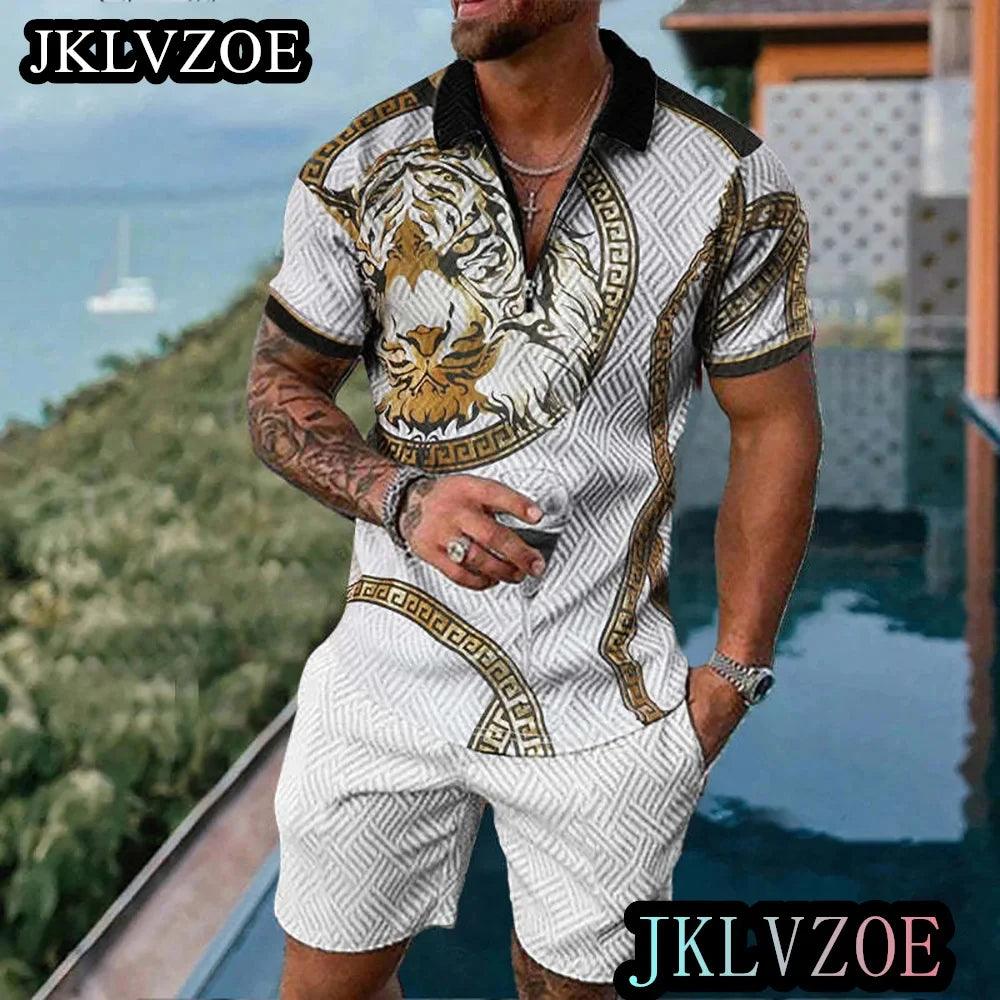 Men's Summer Tracksuit Sports Suit Men Set 3D Printed Casual Short Sleeve T Shirt Lapel Zip Polo Shirt Male Clothing Jogging - So Real Fashion