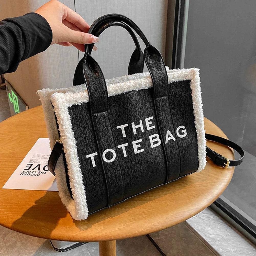 Winter Soft Lamb Wool Stitching Top-Handle Bags PU Leather Fashion Small Crossbody Bags Letter Print Ladies Square The Tote Bags - So Real Fashion