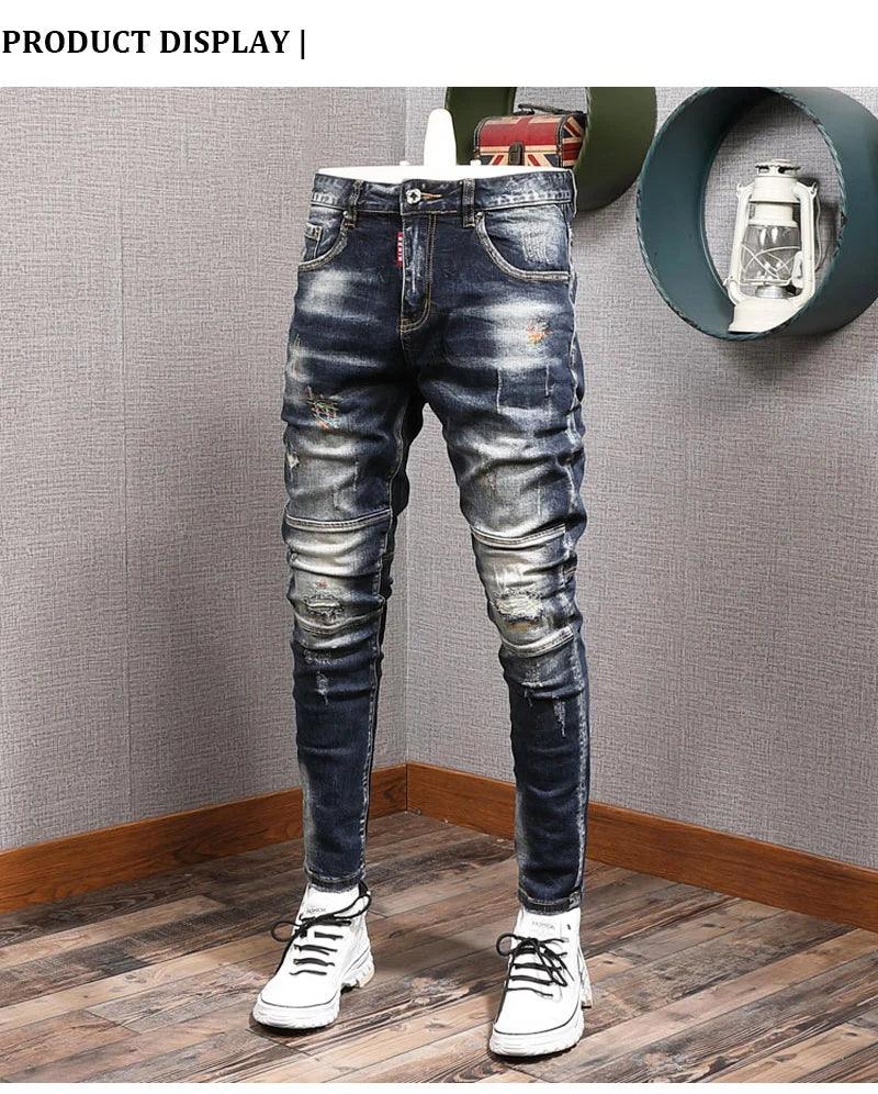 Fashion Streetwear Men Jeans Retro Blue Elastic Slim Fit Ripped Jeans Men Painted Designer Elastic Hip Hop Denim Pencil Pants - So Real Fashion