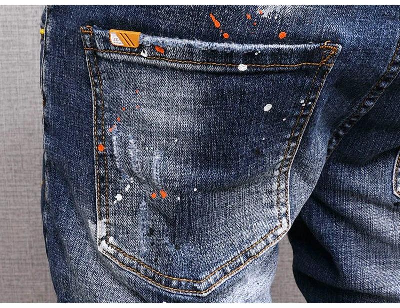 Fashion Streetwear Men Jeans Retro Blue Elastic Slim Fit Ripped Jeans Men Painted Designer Elastic Hip Hop Denim Pencil Pants - So Real Fashion