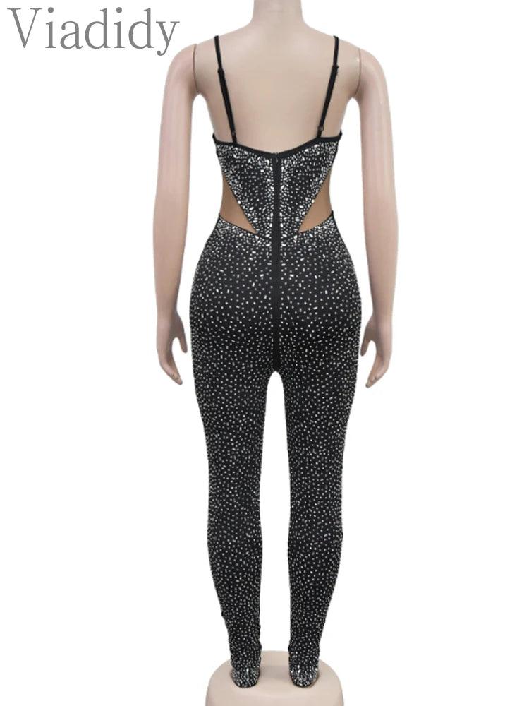 Sexy Sheer Mesh Pacthwork Rhinestone Decor Sleeveless Skinny Jumpsuit - So Real Fashion