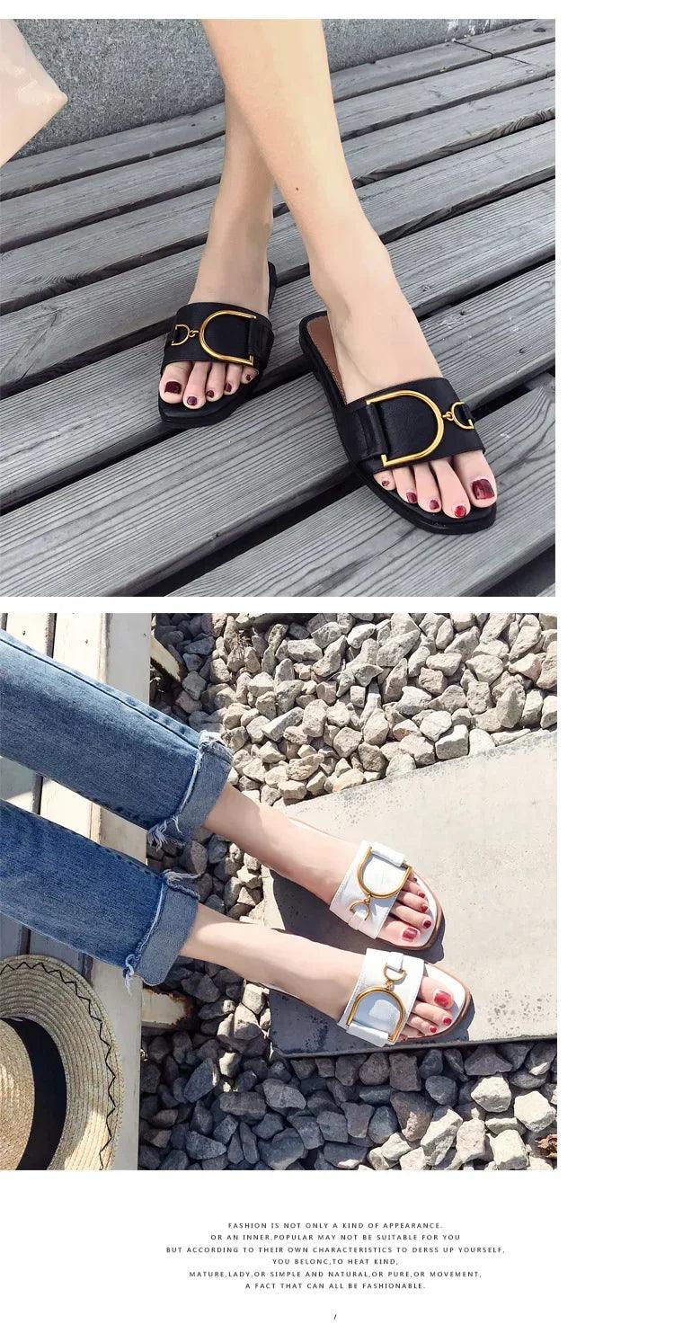 Summer Women Slippers Leather Square Toe Women Flats Flip Flops Designer Ladies Slides Sandals Women Shoes Luxury Sandals - So Real Fashion