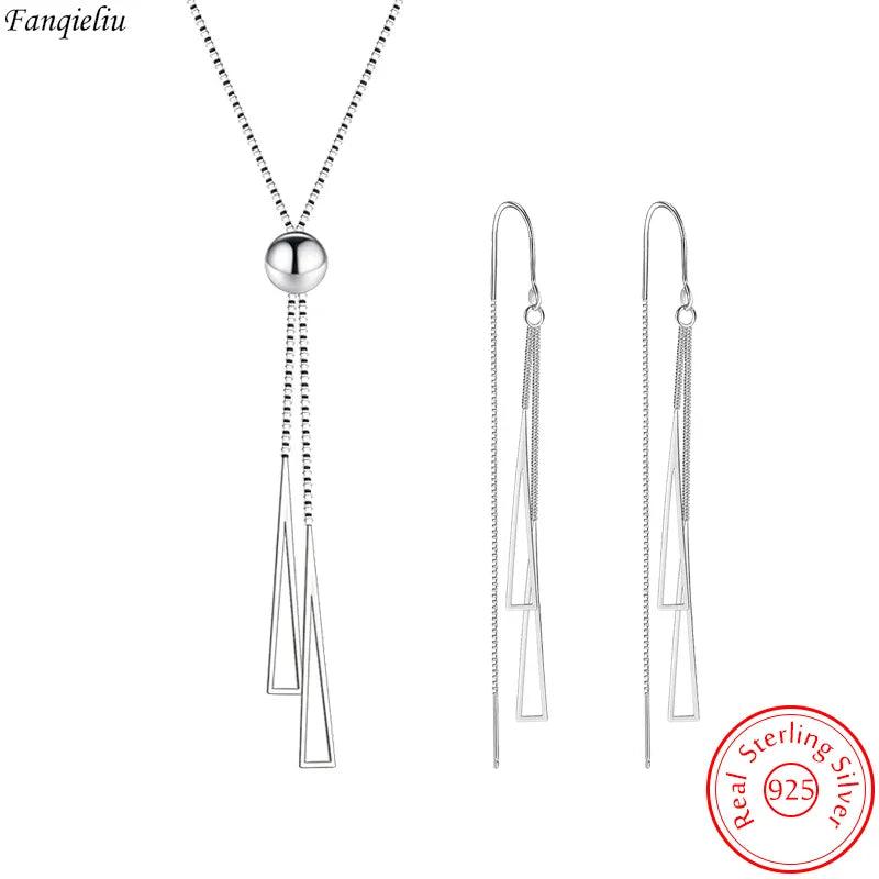 Fanqieliu Real Sterling Silver Triangle Pendant Necklace Box Chain Long Drop Earrings Jewelry Sets For Women Trendy. - So Real Fashion