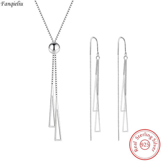 Fanqieliu Real Sterling Silver Triangle Pendant Necklace Box Chain Long Drop Earrings Jewelry Sets For Women Trendy. - So Real Fashion