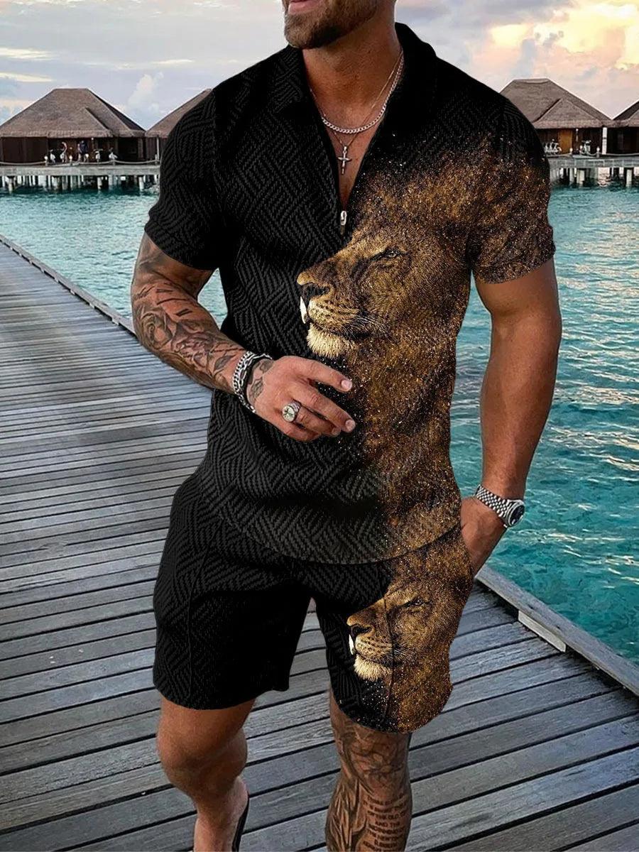 Summer Men's Sports Patchwork Pattern Short Sleeve Stylish Zipper Polo Shirt And Shorts Set Men's Casual Streetwear 2-pie - So Real Fashion