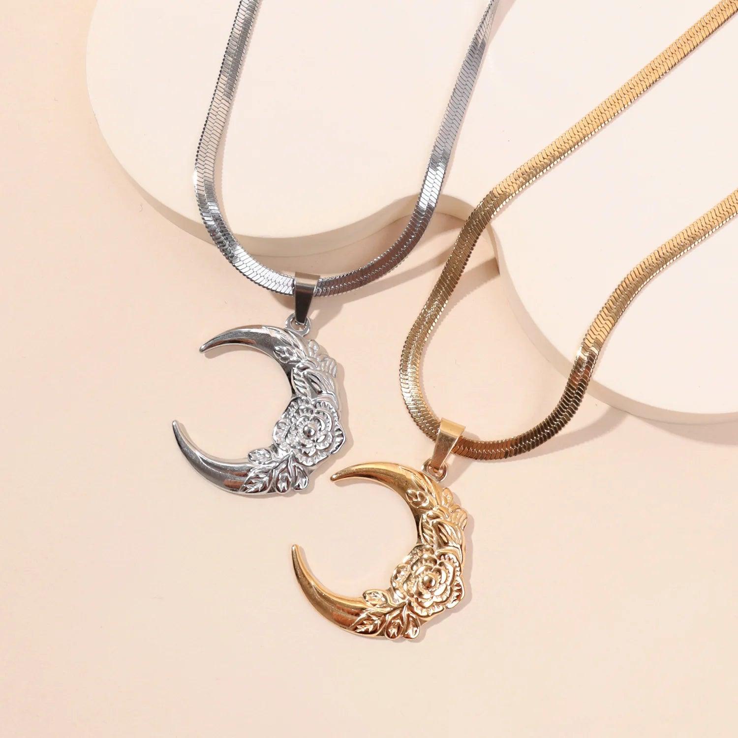 Aesthetic Flower Moon Crescent Necklace for Women Men Stainless Steel Snake Blade Chain Bohemia Chain Gift Jewelry collar - So Real Fashion