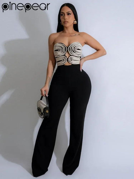 HIGH STREET Strapless Backless Wide Leg Pants Jumpsuits for Women Elegant Sexy Hollow Out Birthday Party Overalls - So Real Fashion