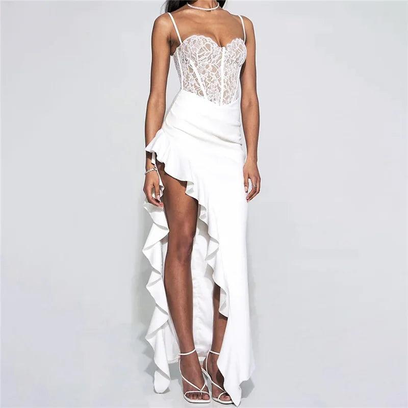 Townlike Ruffles Lace Patchwork Elegant Long Maxi Dress Women Spaghetti Strap 2023 Summer Dress Nightclub Sexy Party Dresses - So Real Fashion