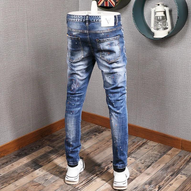 Fashion Streetwear Men Jeans Retro Blue Elastic Slim Fit Ripped Jeans Men Painted Designer Elastic Hip Hop Denim Pencil Pants - So Real Fashion