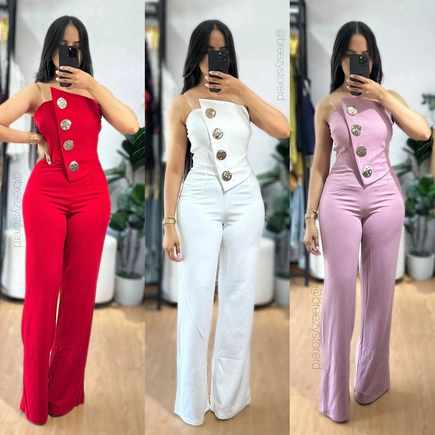 Asymmetrical Bandeau Strapless Jumpsuit Metal Button Decor Casual Overalls - So Real Fashion