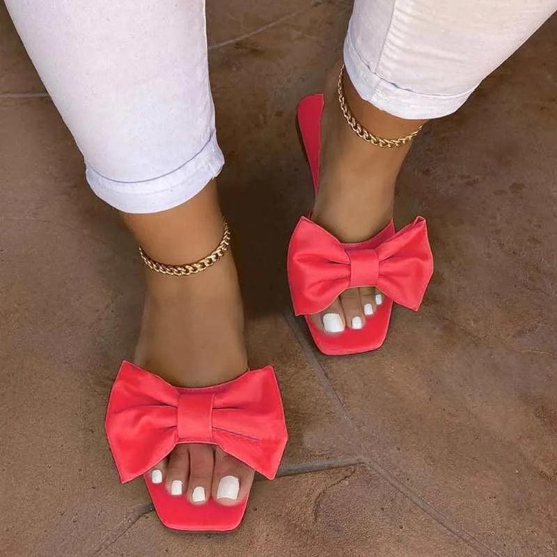 Fashion Summer Plus Size One-line Solid Color Bow Flat Sandals Outdoor Beach Slippers Elegant Women Shoes. - So Real Fashion