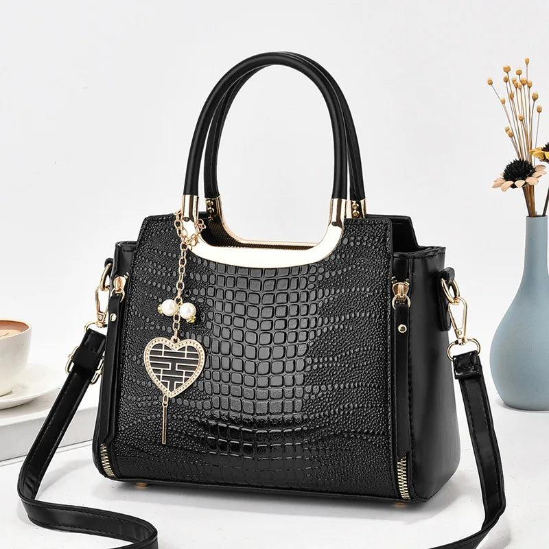 Glossy Crocodile Pattern Handbag, Women's Top Handle Satchel Purse, Fashion Crossbody Bag With Tassel Pendant - So Real Fashion